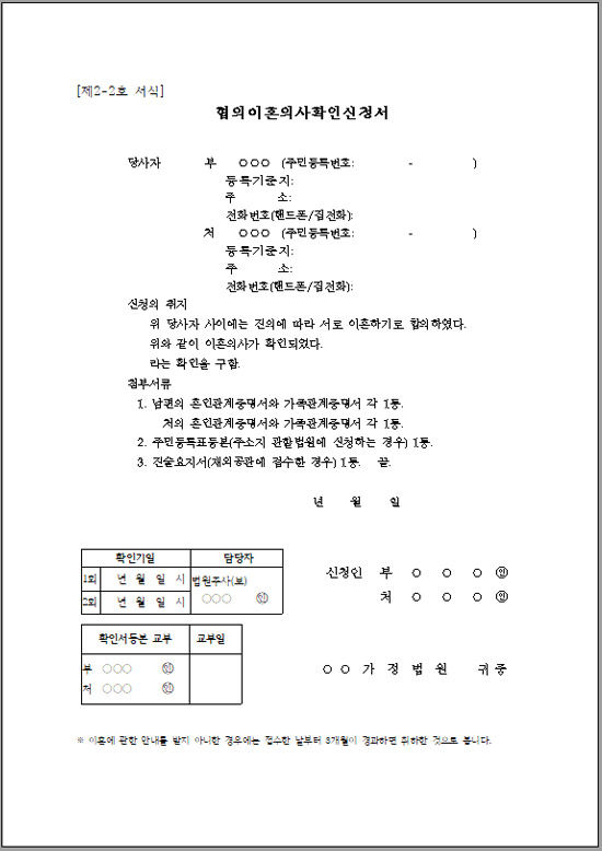 미성년 자녀가 있는 경우 합의이혼확인서 양식
